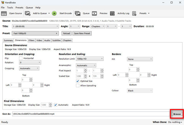 Click Browser to Name And Select Location of Cropped Video