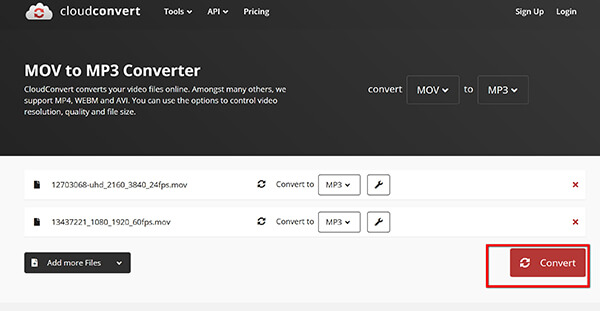 Convert Mov to MP3 in Cloudconvert