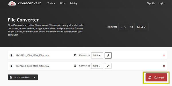 Convert Video to MP4 in Cloudconvert