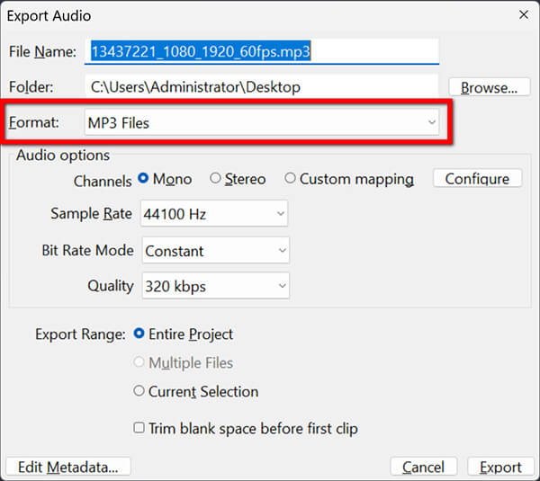 Export MP3 in Audacity