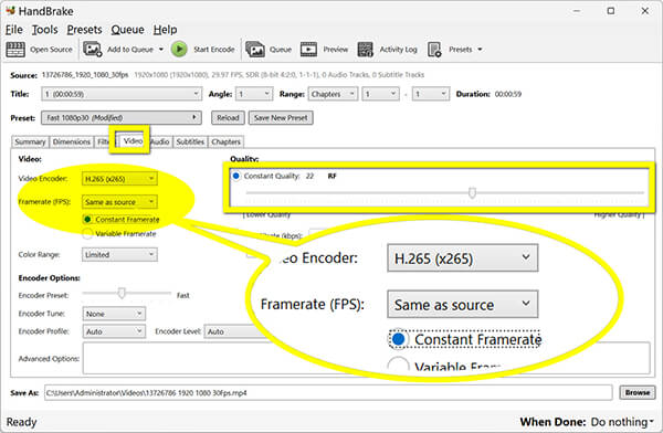 Handbrake Video Tab Compression Settings