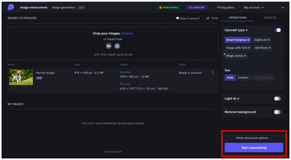 Lets Enhance Start Processing