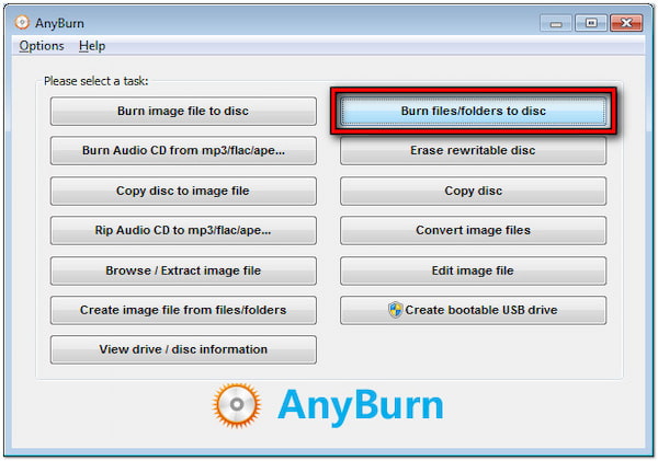 Select Burn Files Option
